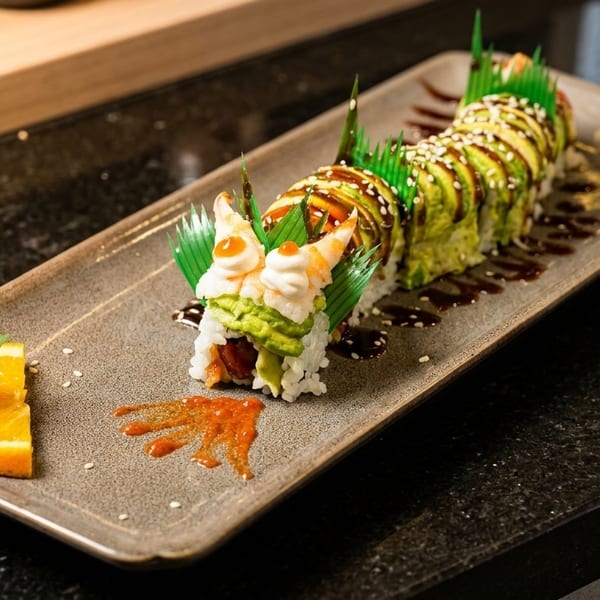 Dragon sushi roll with avocado, shrimp, and sauce, garnished with orange and wasabi.