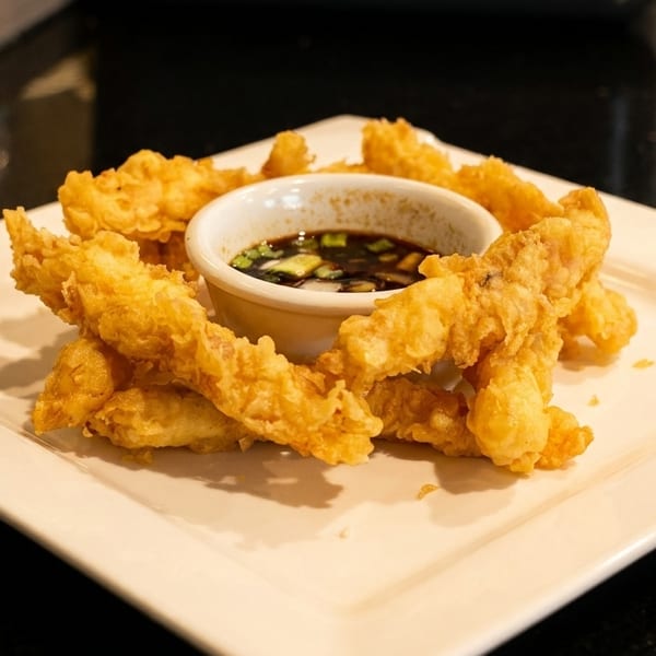 Crispy fried chicken tenders arranged around a small bowl of dark dipping sauce with green onions.