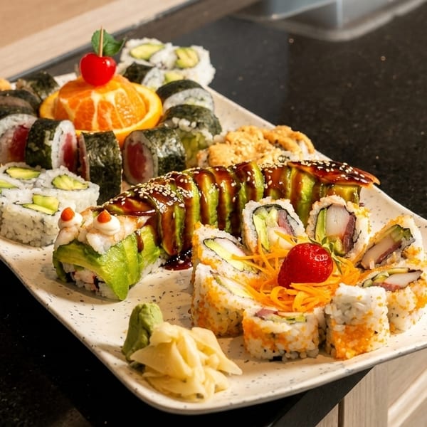 A large platter of assorted sushi rolls, including dragon rolls, on a dark countertop.