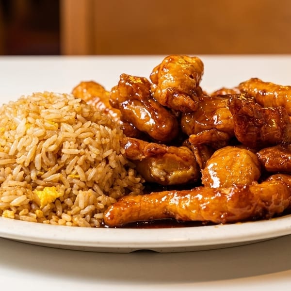 A plate of orange chicken with fried rice on a white table.