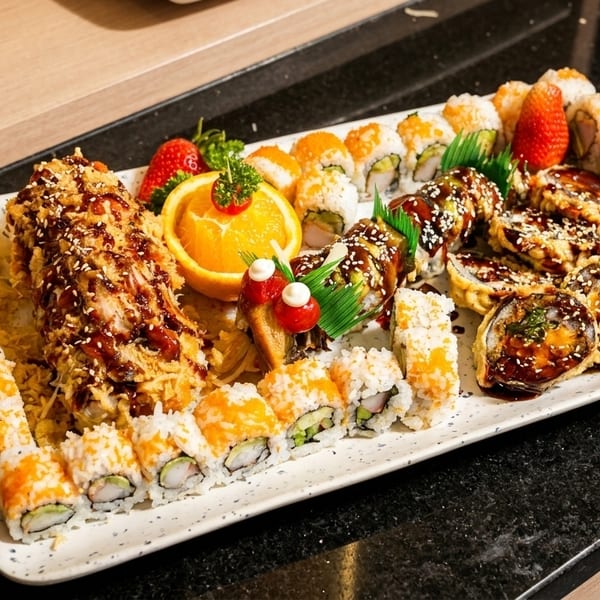 A large platter of assorted sushi rolls, including tempura, California, and spicy tuna, with fruit garnishes.