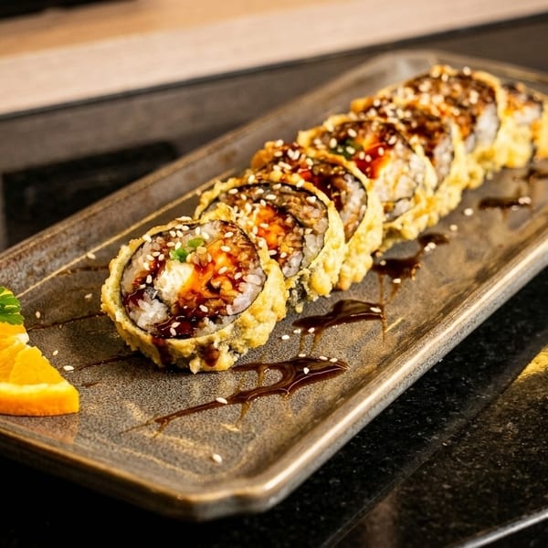 Crispy fried sushi rolls with sauce and sesame seeds, garnished with orange and cherry.