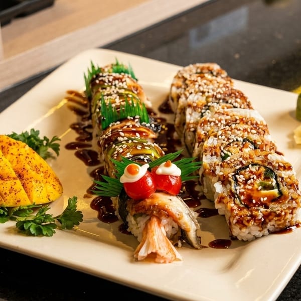 Dragon sushi roll with mango, wasabi, and ginger on a white rectangular plate.